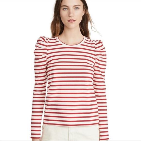 Rebecca Minkoff Talia Stripe Puff Sleeve Top XS Preppy Americana Career Holiday - Picture 1 of 7